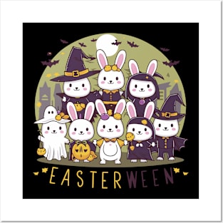 Cute Bunnies in Costumes Easterween Celebration Posters and Art